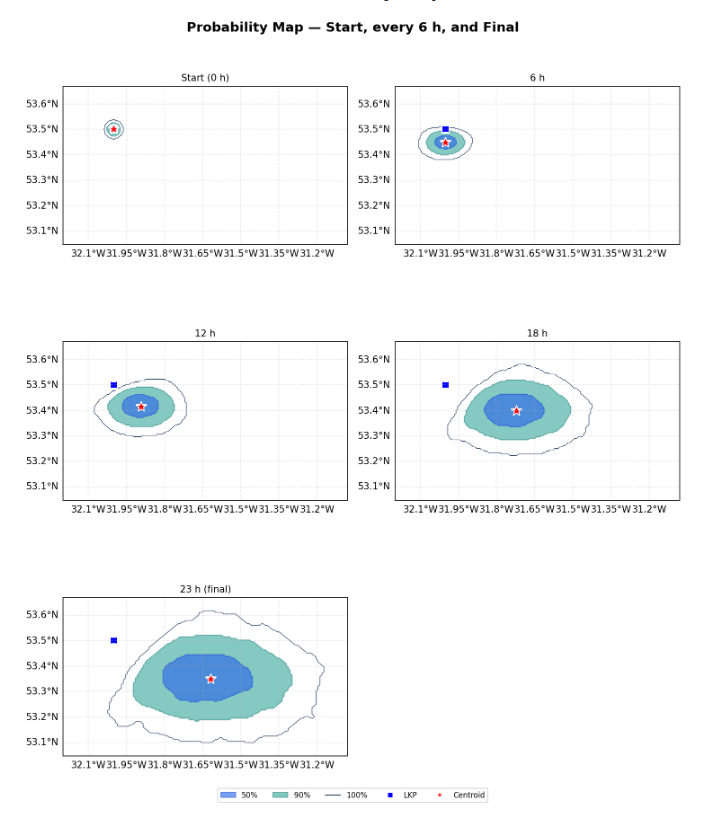 North Atlantic man overboard probability maps with search contours and centroid drift
