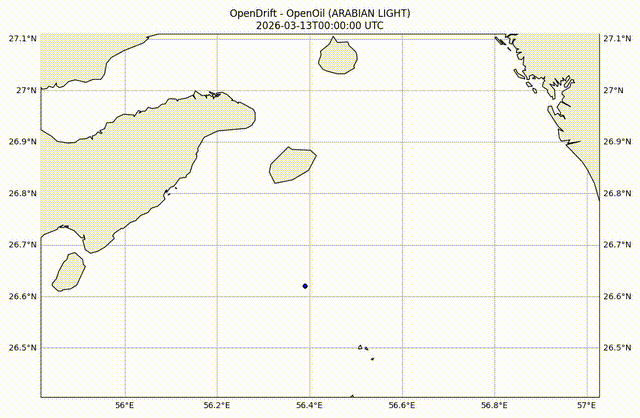 Strait of Hormuz hypothetical oil spill animation from March 13 to March 17, 2026